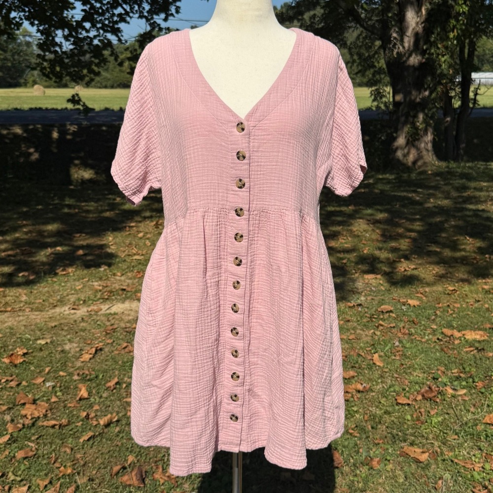 Madewell Pink Cotton Double Gauze Button Front Mini Dress Large Pockets V-Neck